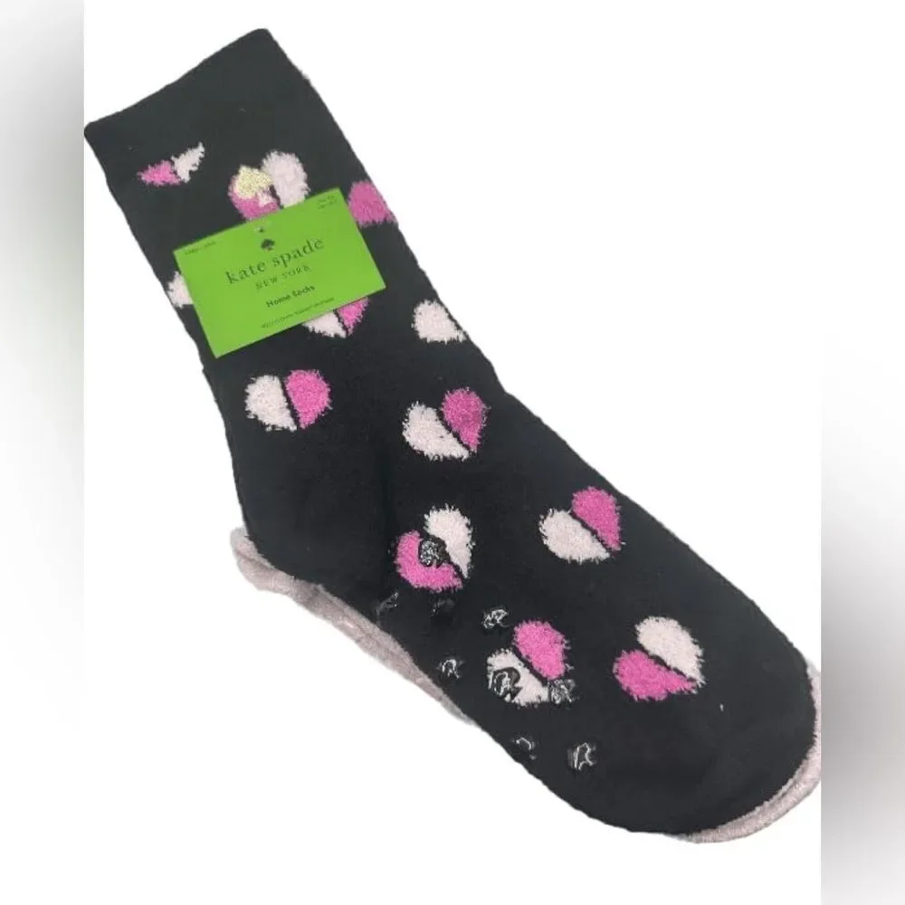 Kate Spade Valentine's Day Cozy Fuzzy Home Socks 2 Pack Black Pink Multi NWT